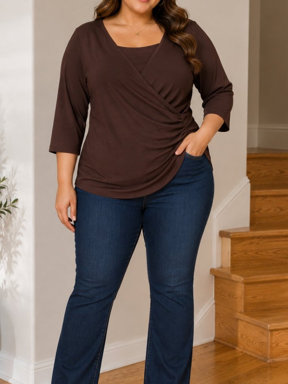 Harvé Benard Brown Faux Wrap Surplice Top Size L